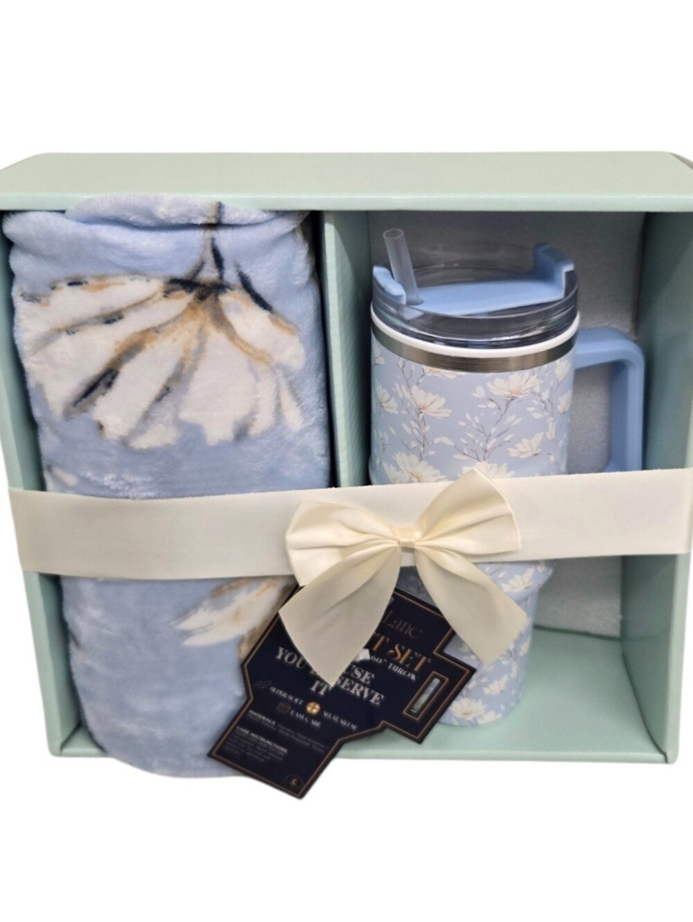 Floral Blue Travel Mug & Plush Throw Set
